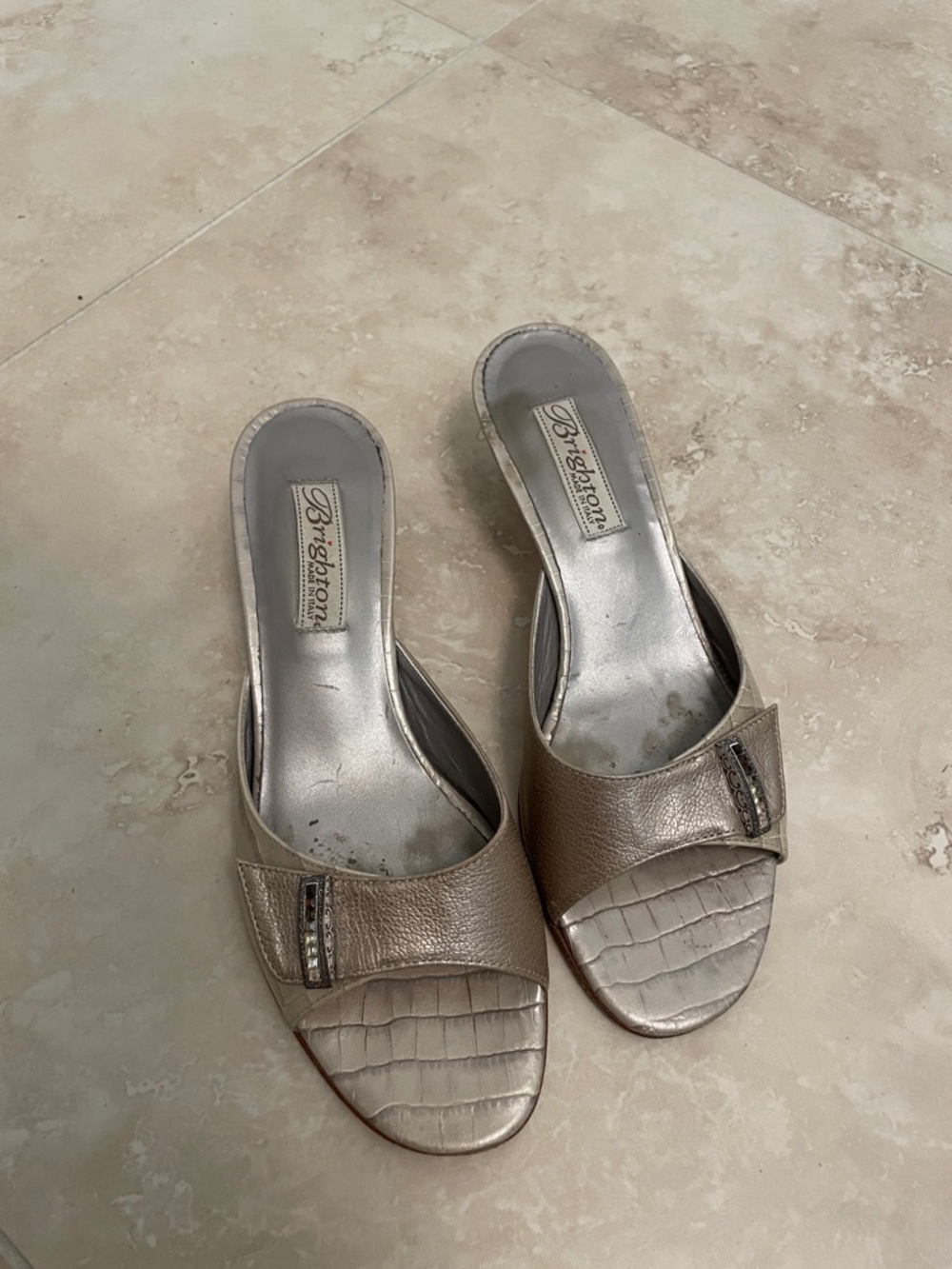 Brighton Metallic Taupe Croc-Texture Slide Mules